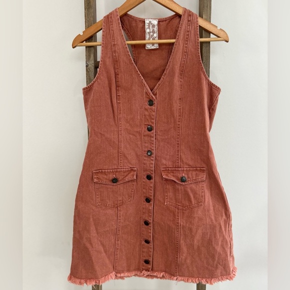 Sadie & Sage Dresses & Skirts - Sadie & Sage Denim Button Down Raw Hem Mini Dress Dusty Rose Women’s Size Small